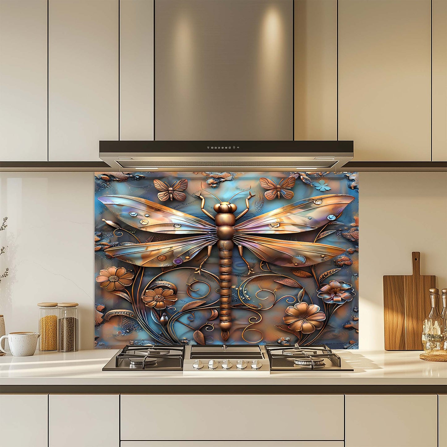 Golden Flight – Tempered Glass Backsplash for Stove | Dragonfly Copper Look Backsplash