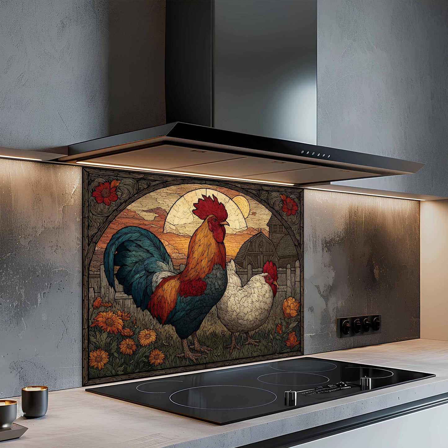 Tempered Glass Backsplash for Kitchen | Vintage Rooster and Hen Farm Design