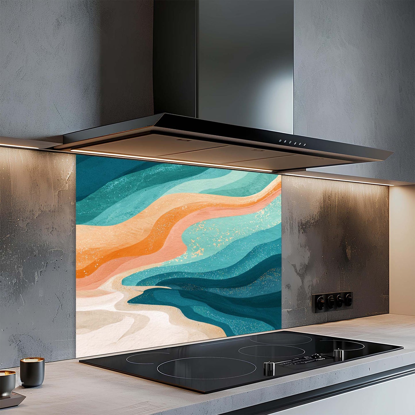 Sunset Tide – Tempered Glass Backsplash for Kitchen – Abstract Ocean Wave Splashback