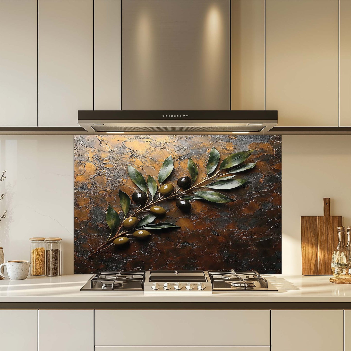 Olive Harmony – Tempered Glass Backsplash for Kitchen Stove | Rustic Olive Branch Backsplash