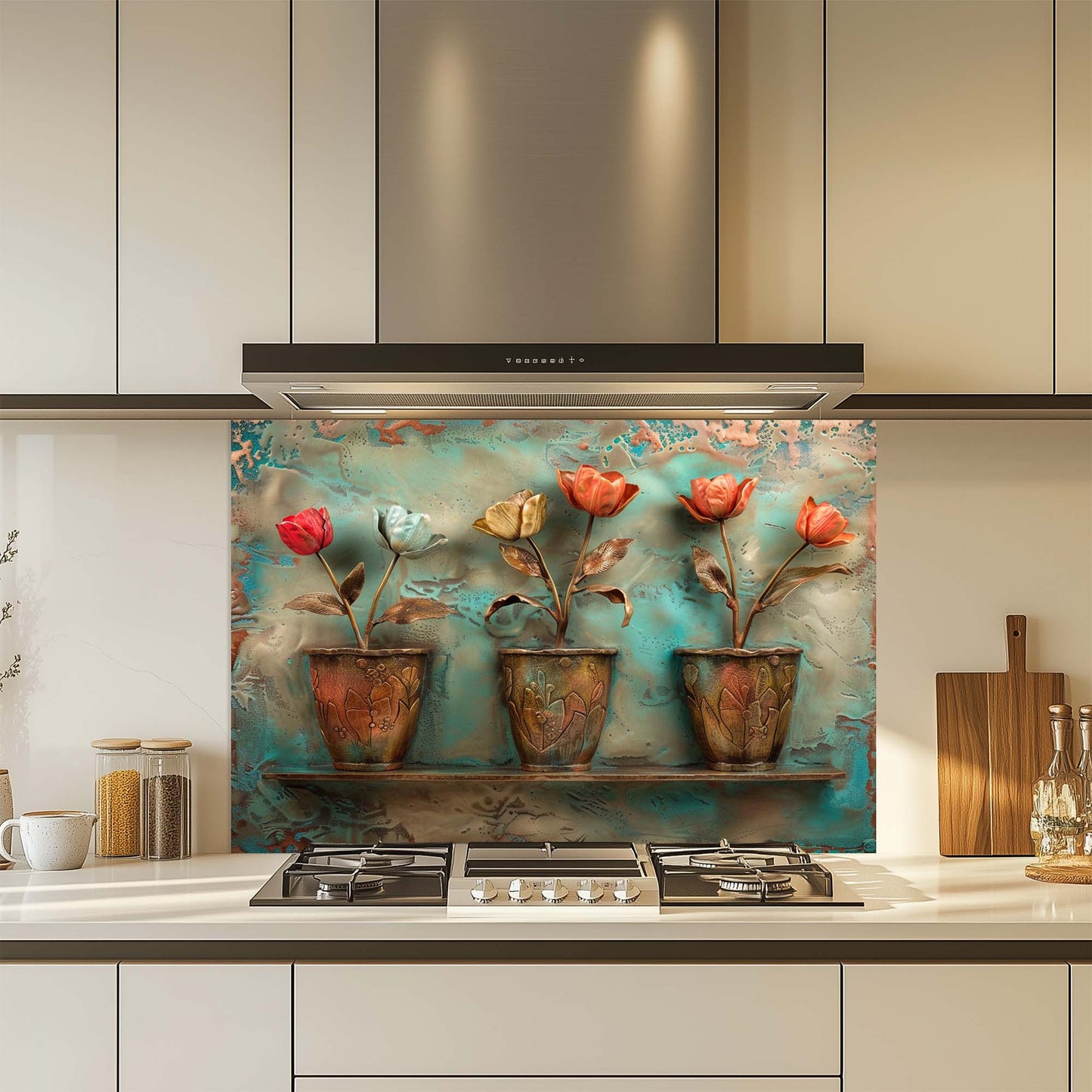 Tulip Pots – Tempered Glass Backsplash for Kitchen Stove | Copper Look Floral Backsplash