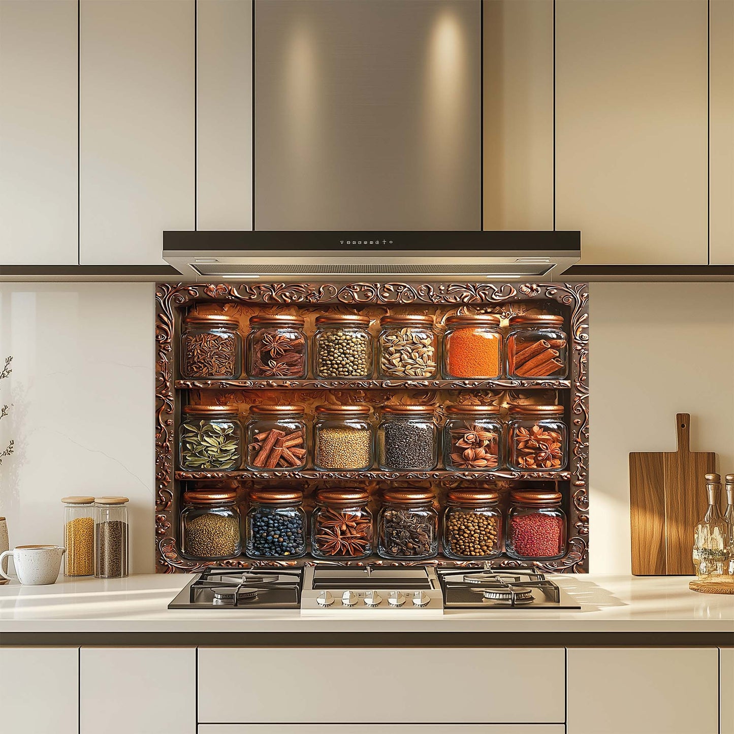 Spice Harmony – Tempered Glass Backsplash for Kitchen | Copper Look Spice Jar Splashback