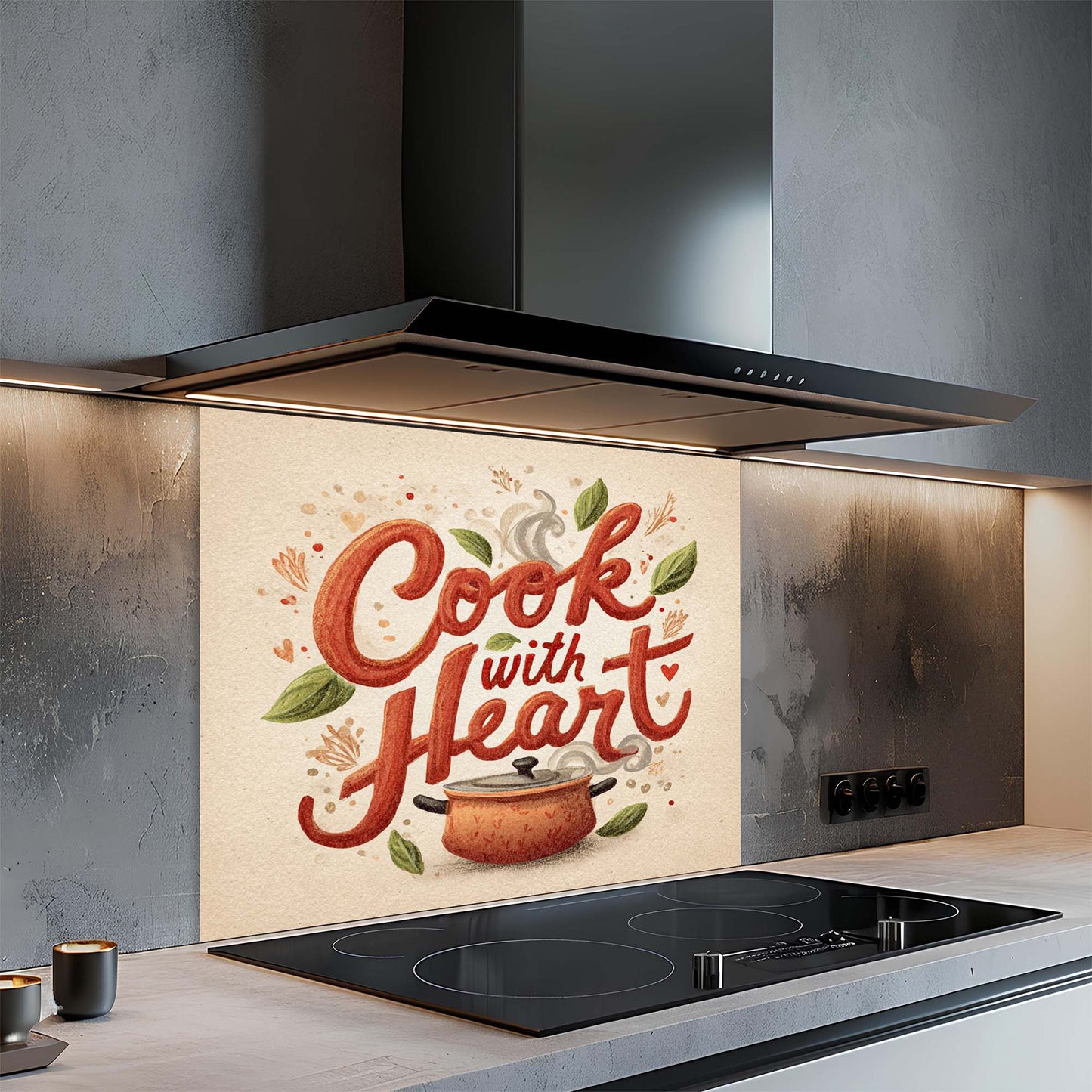 Cook with Heart – Tempered Glass Backsplash for Kitchen – Rustic Pot Kitchen Splashback