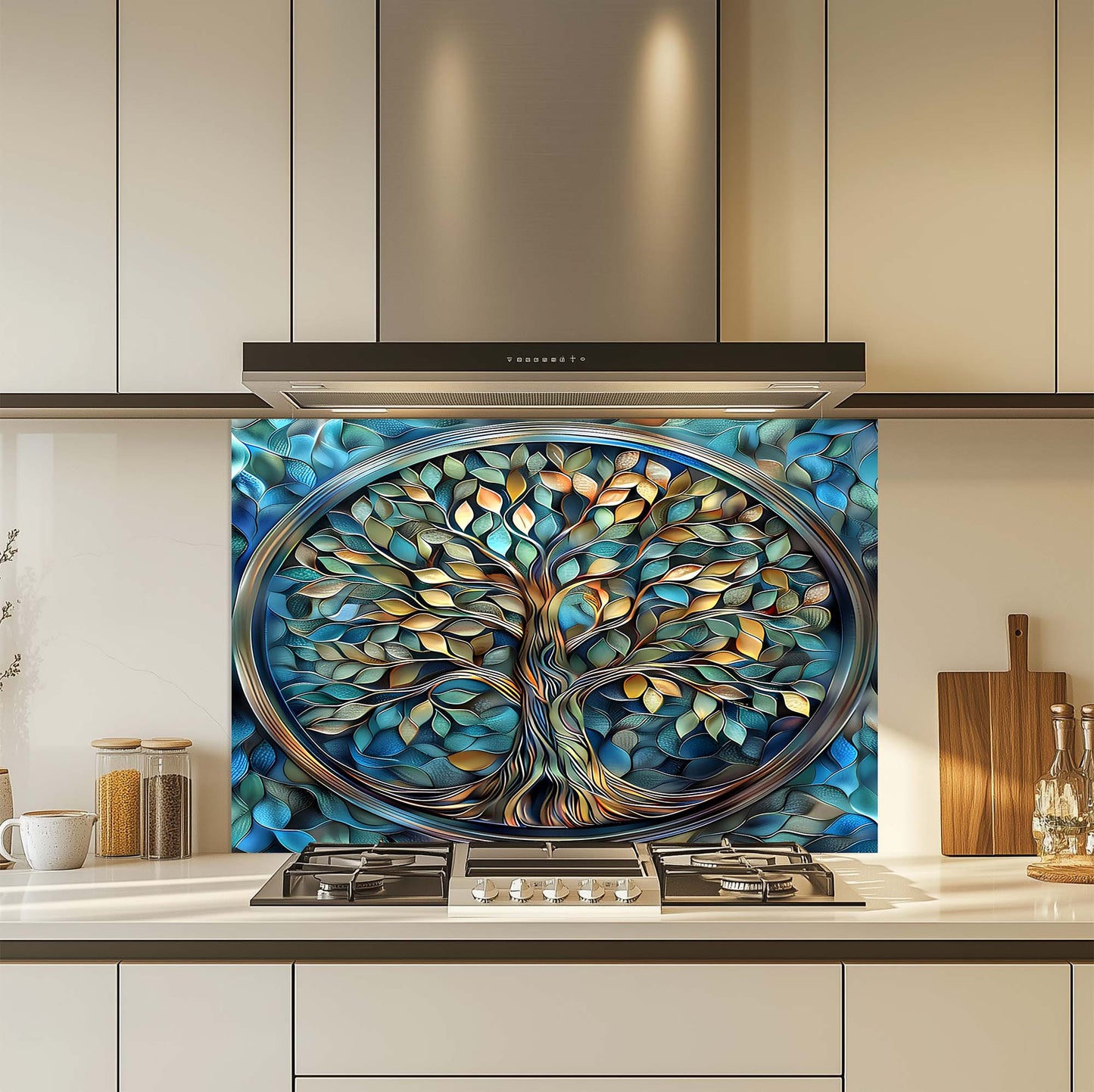 Aqua Roots – Tempered Glass Backsplash for Kitchen Stove | Tree of Life Backsplash
