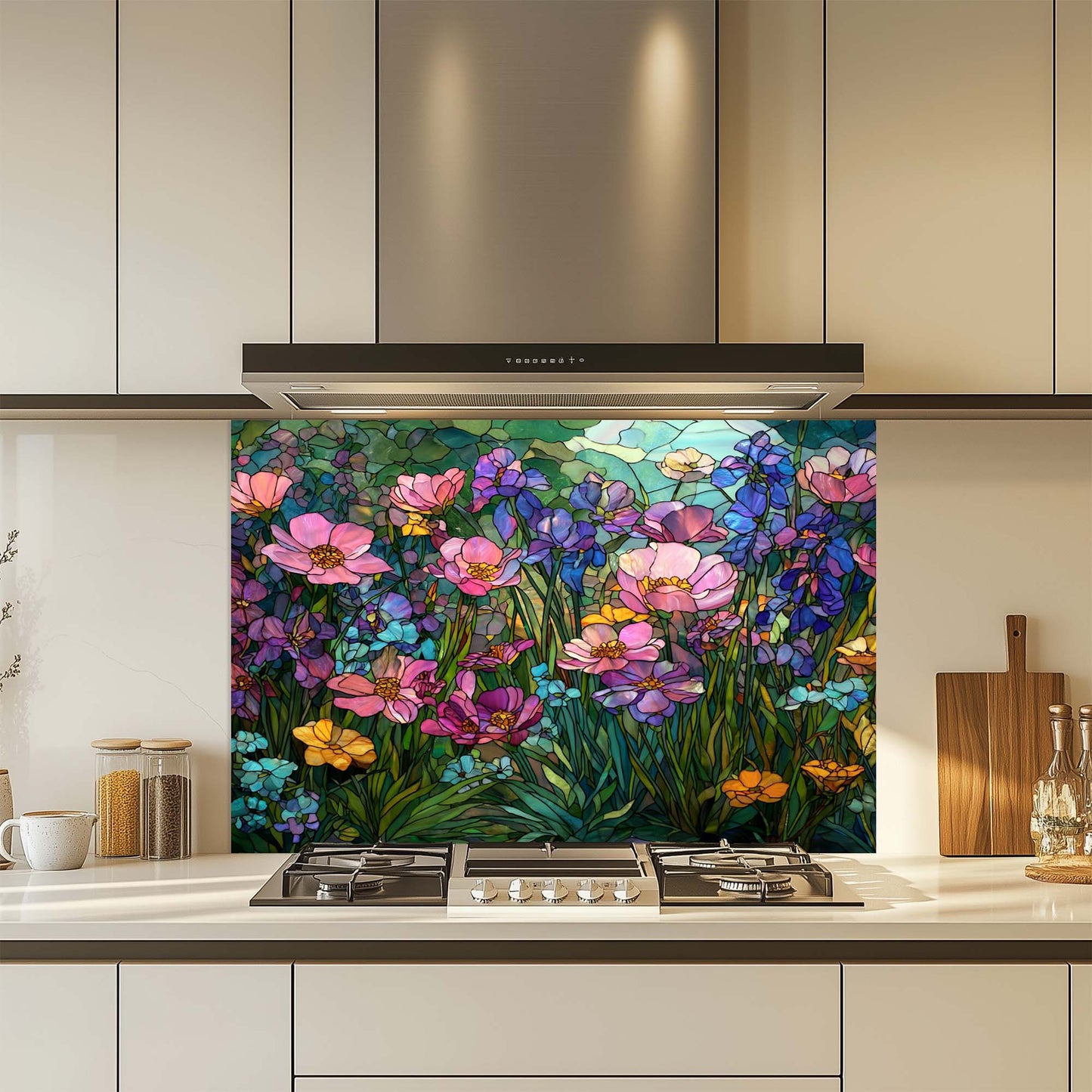 Glass Bloom – Tempered Glass Backsplash for Kitchen Stove | Floral Stained Backsplash