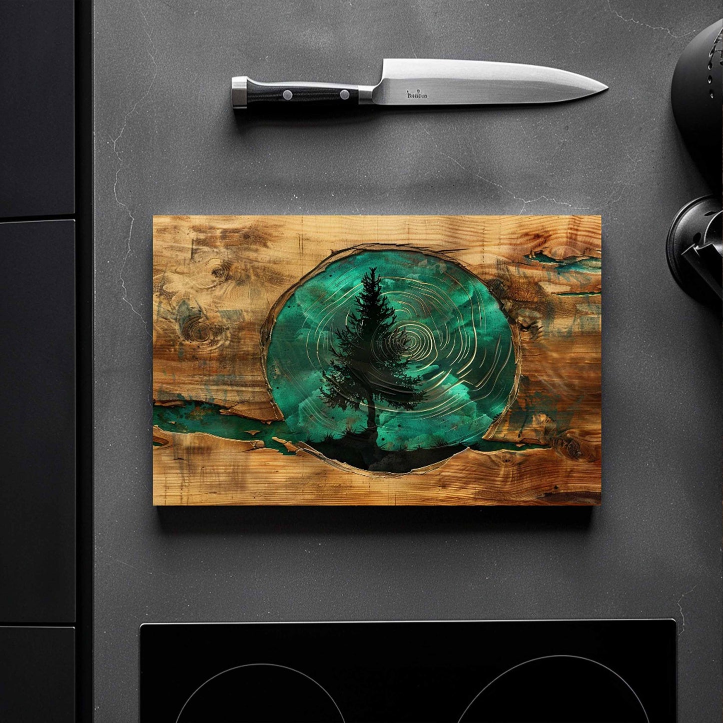 Evergreen Glass Cutting Board – Tempered Glass Kitchen Board with Epoxy Wood Look