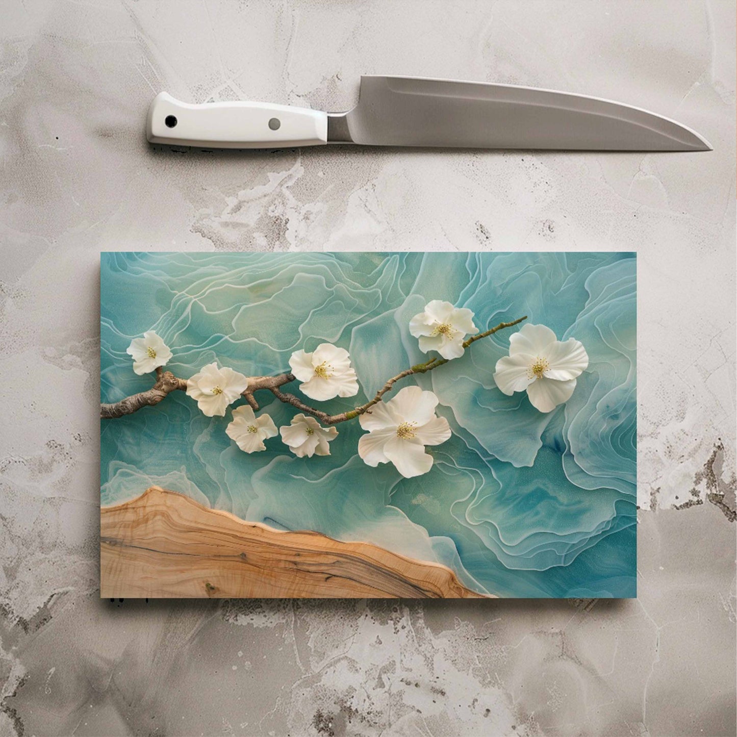Tempered Glass Cutting Board – Glass Kitchen Board with Floral Epoxy Wave Design
