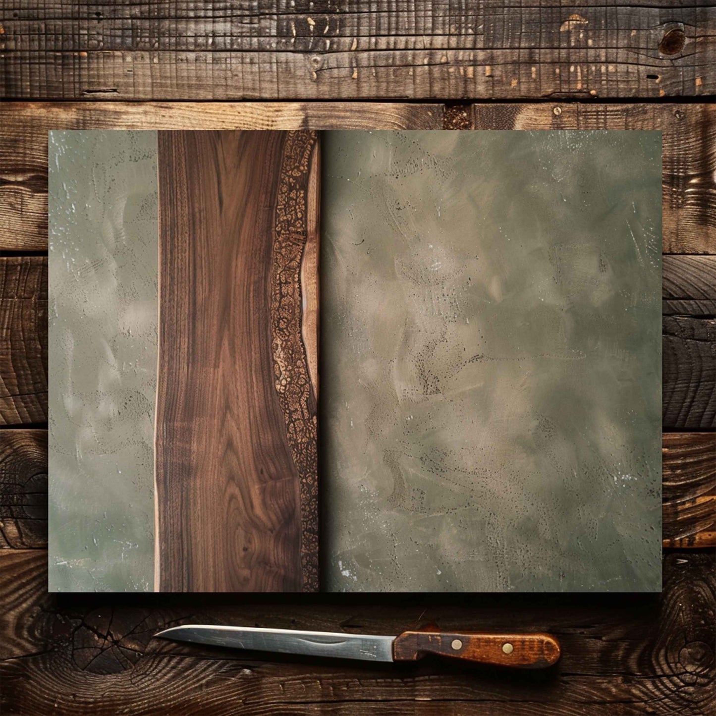 Tempered Glass Cutting Board with Realistic Wood Grain and Ornamental Detail