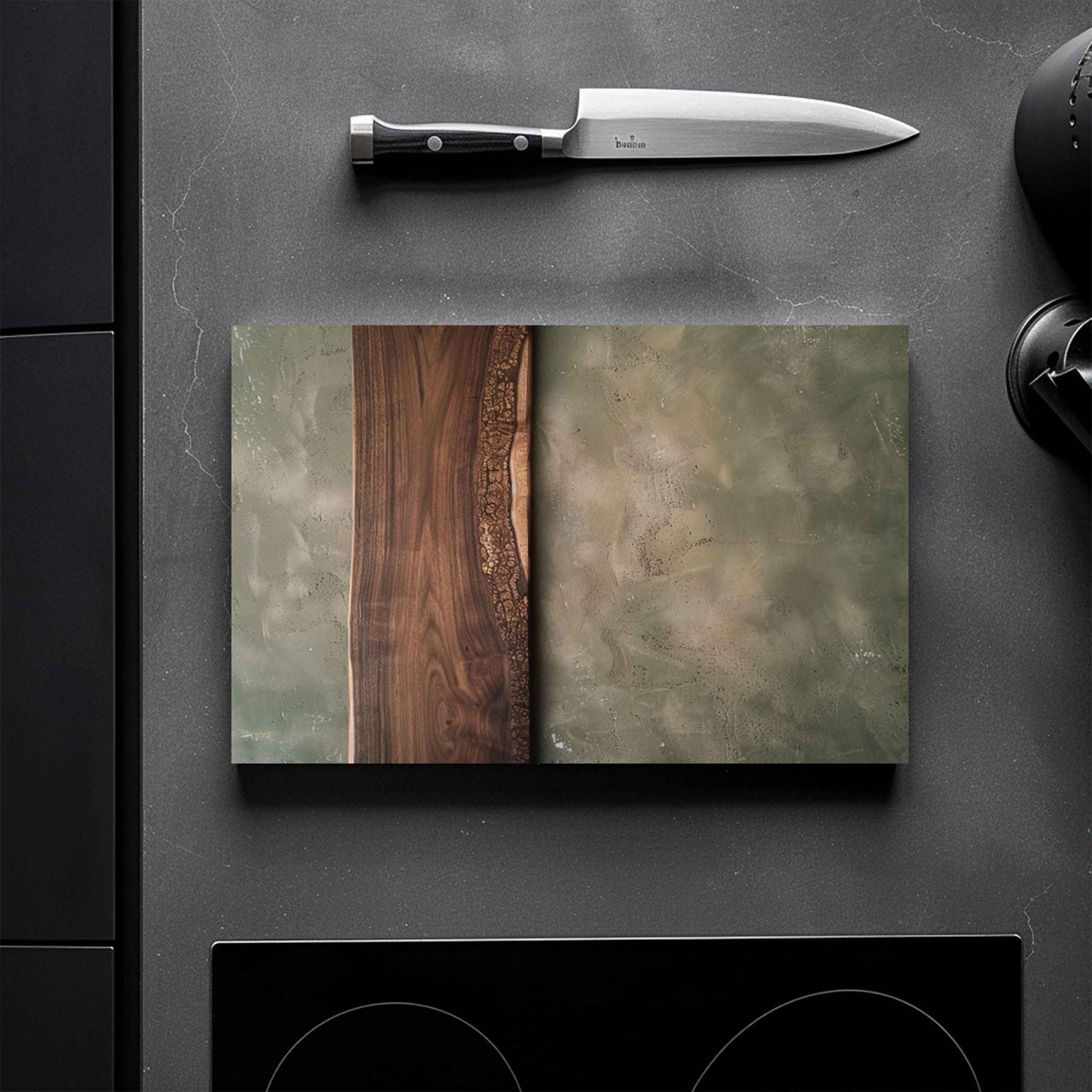 Tempered Glass Cutting Board with Realistic Wood Grain and Ornamental Detail