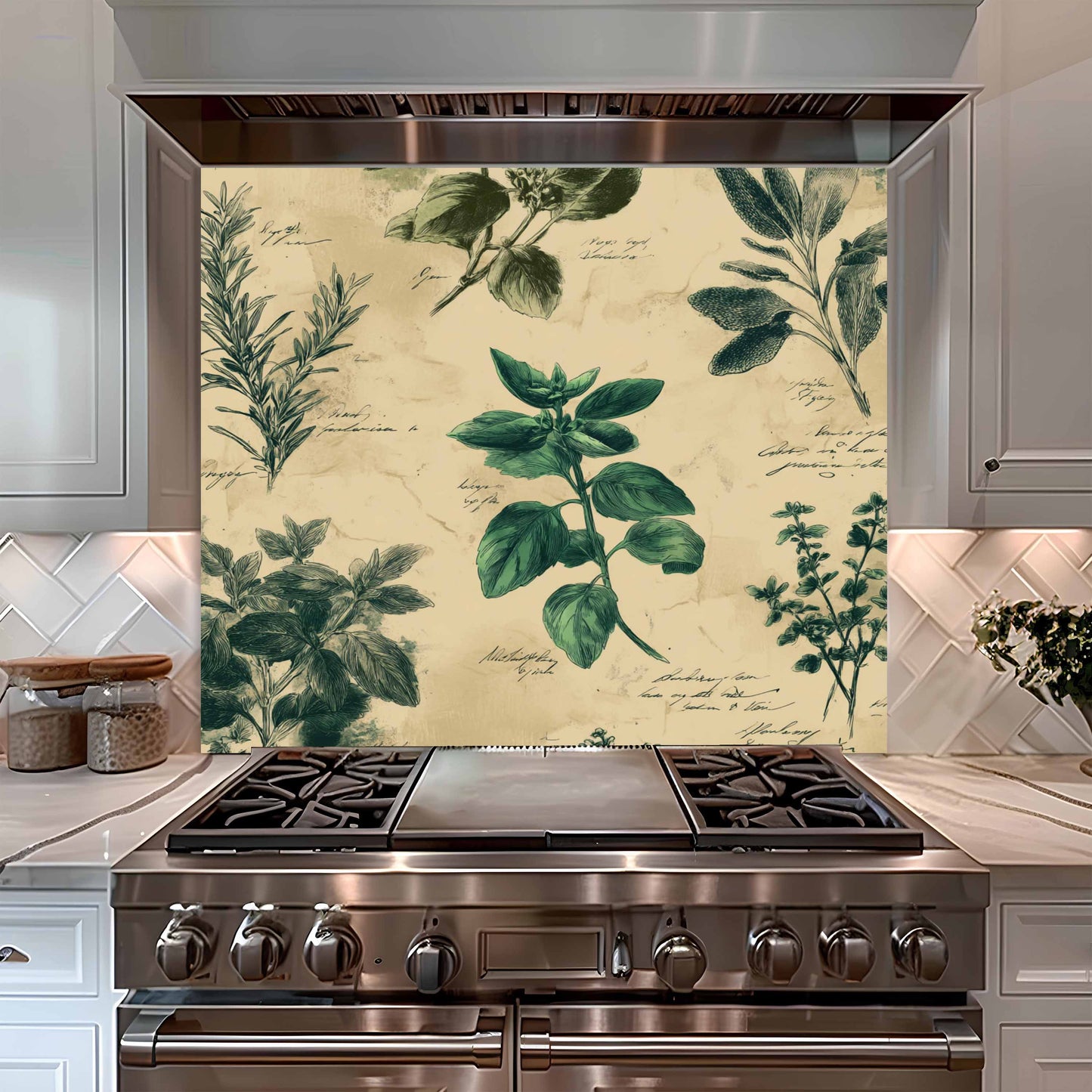 Vintage Herb Tempered Glass Backsplash – Botanical Kitchen Backsplash for Stove
