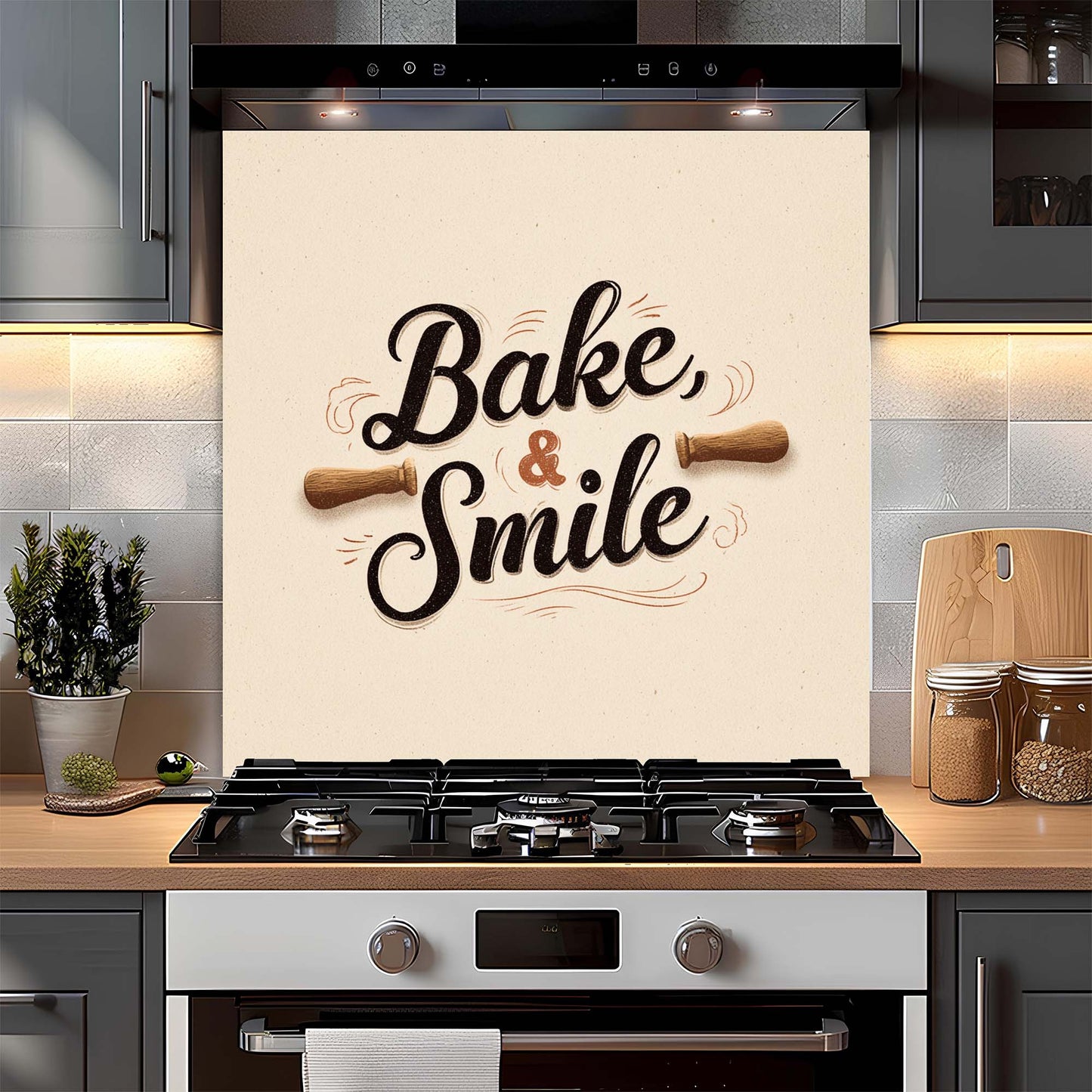 Bake & Smile – Tempered Glass Backsplash for Kitchen – Rustic Bakery Quote Splashback