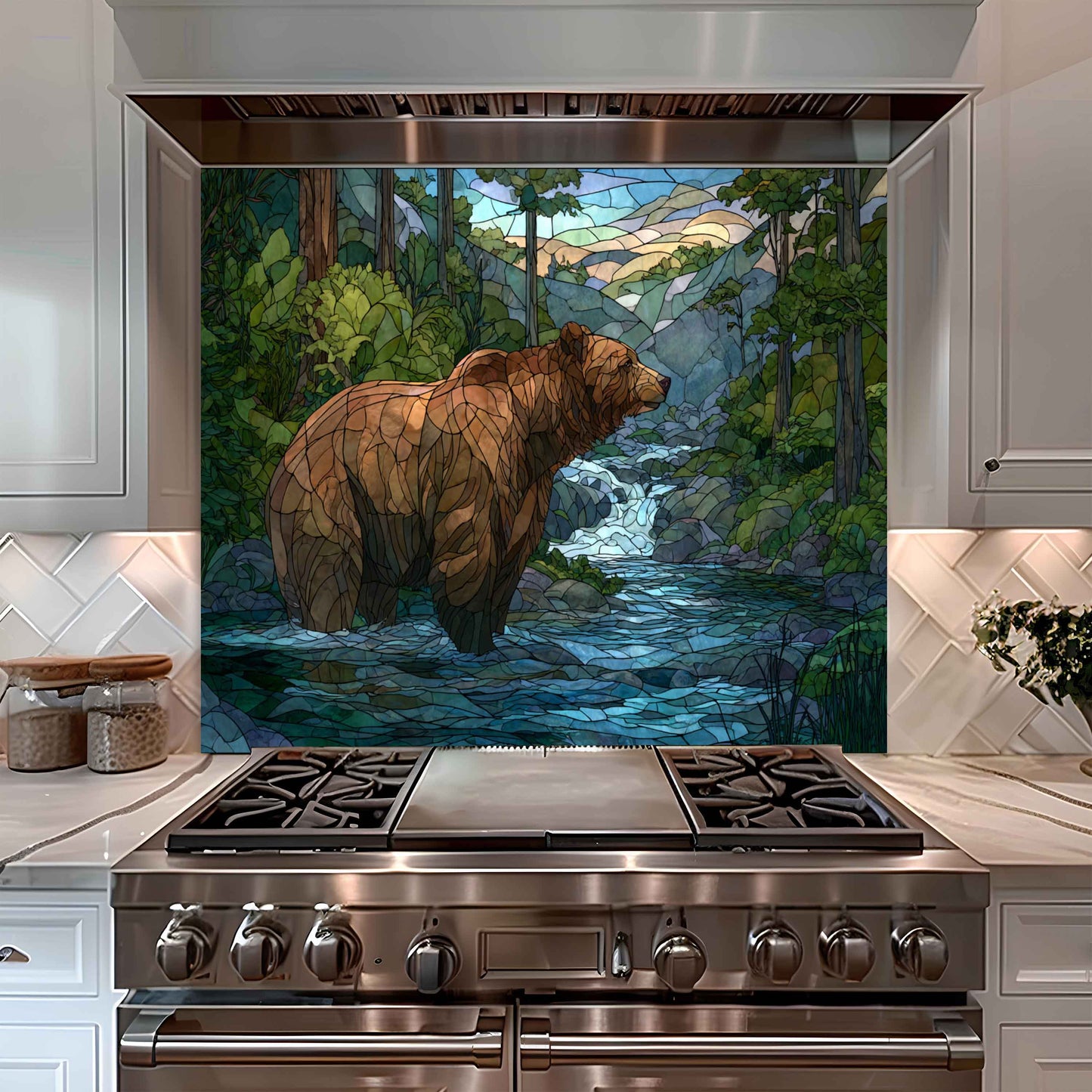 Forest Stream with Bear – Tempered Glass Backsplash For Lodge Kitchens