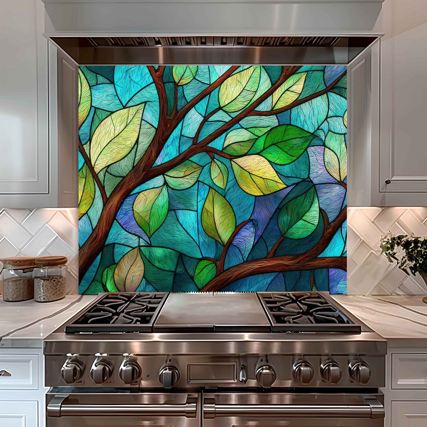 Tranquil Branches – Tempered Glass Backsplash for Kitchen | Tree Leaves Splashback