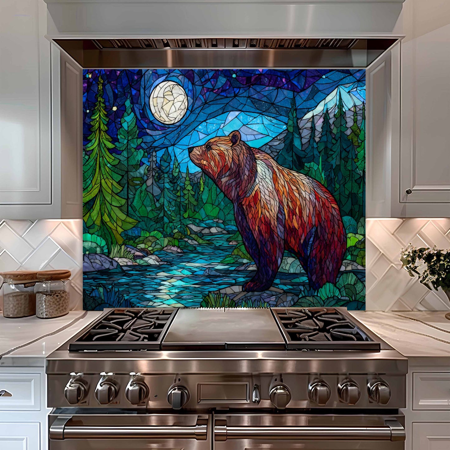 Moonlit Strength Kitchen Backsplash – Mosaic Stained Glass Look Bear Night Scene