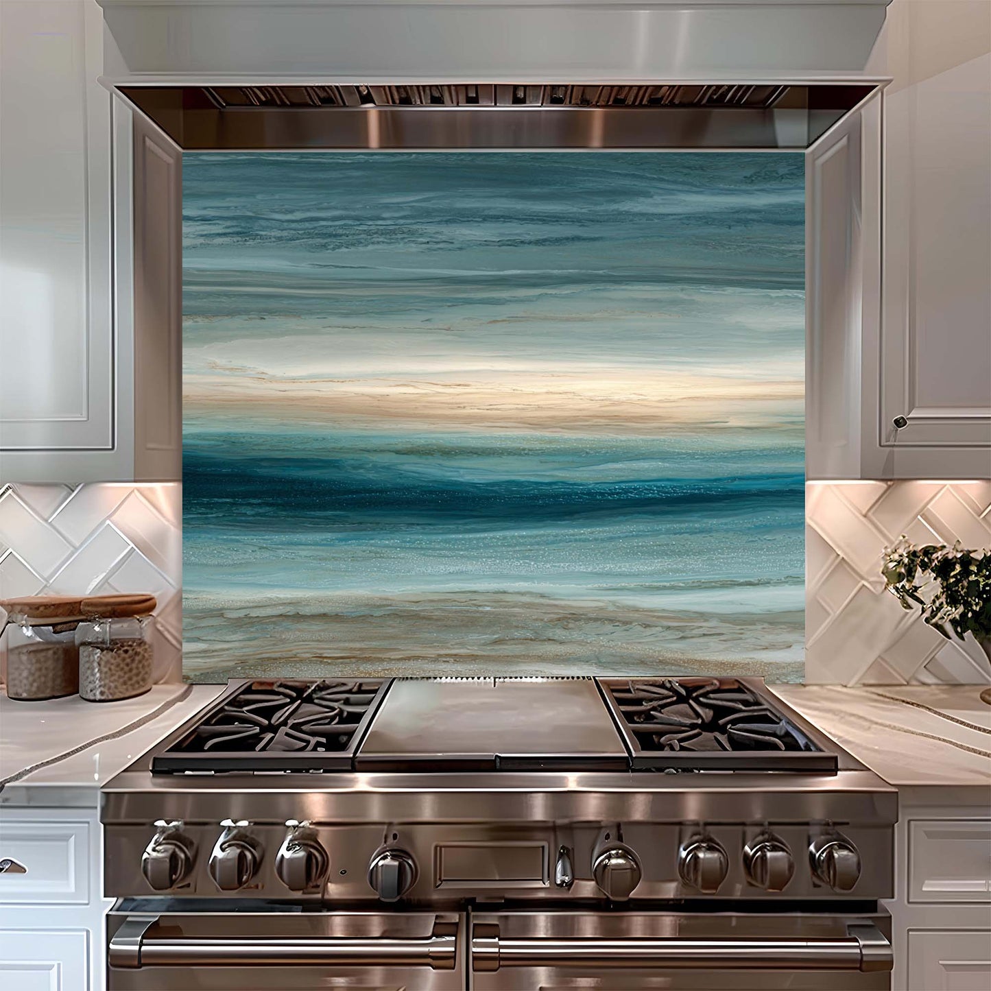 Coastal Serenity – Tempered Glass Backsplash for Kitchen – Ocean Horizon Splashback