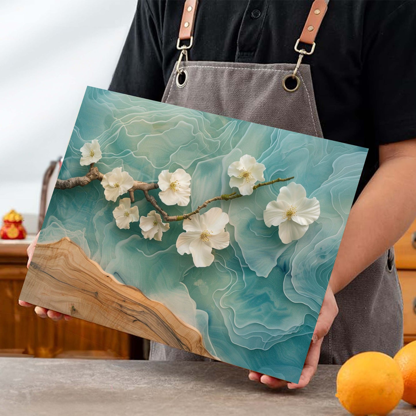 Tempered Glass Cutting Board – Glass Kitchen Board with Floral Epoxy Wave Design