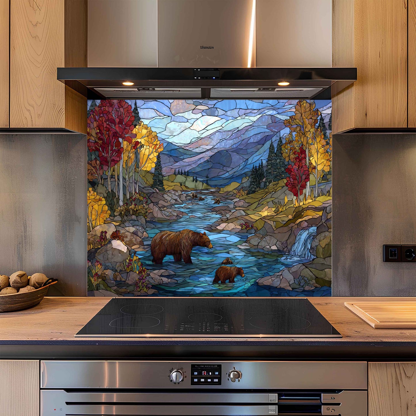 Autumn River – Tempered Glass Backsplash With Bear Family And Fall Trees
