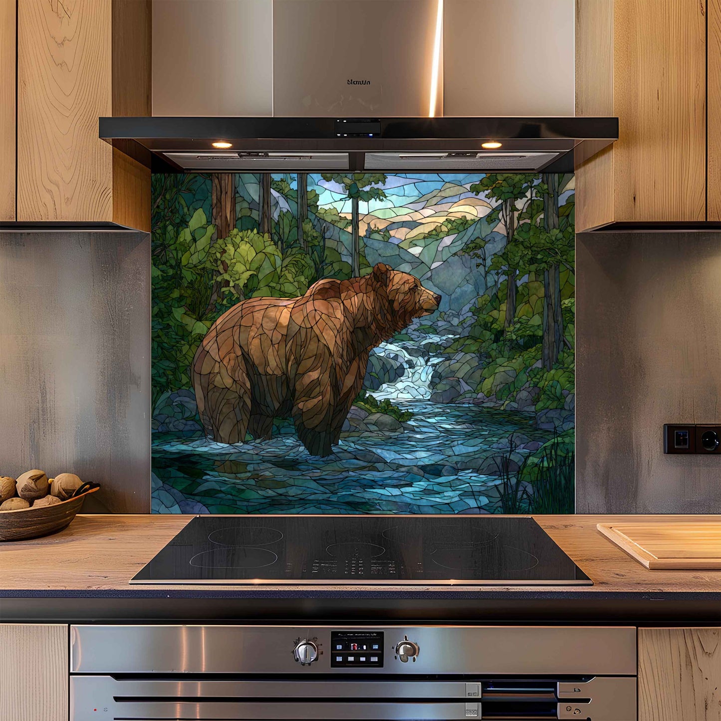 Forest Stream with Bear – Tempered Glass Backsplash For Lodge Kitchens