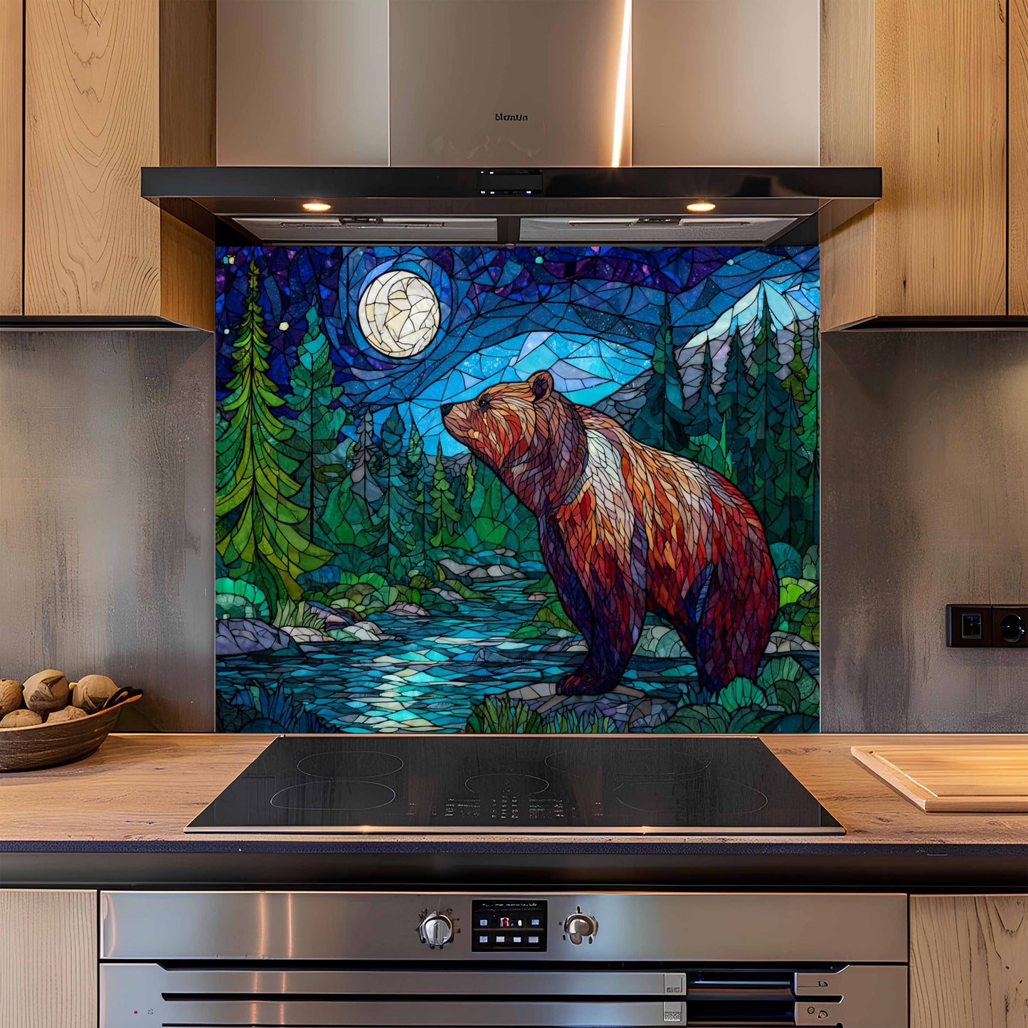 Moonlit Strength Kitchen Backsplash – Mosaic Stained Glass Look Bear Night Scene