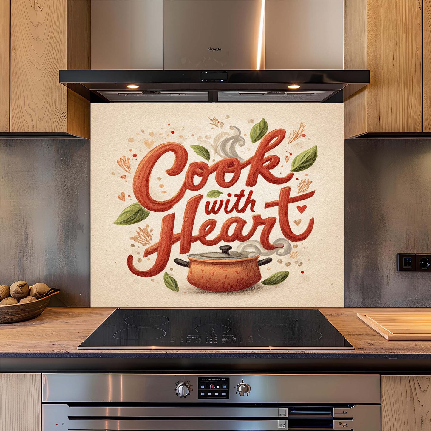 Cook with Heart – Tempered Glass Backsplash for Kitchen – Rustic Pot Kitchen Splashback