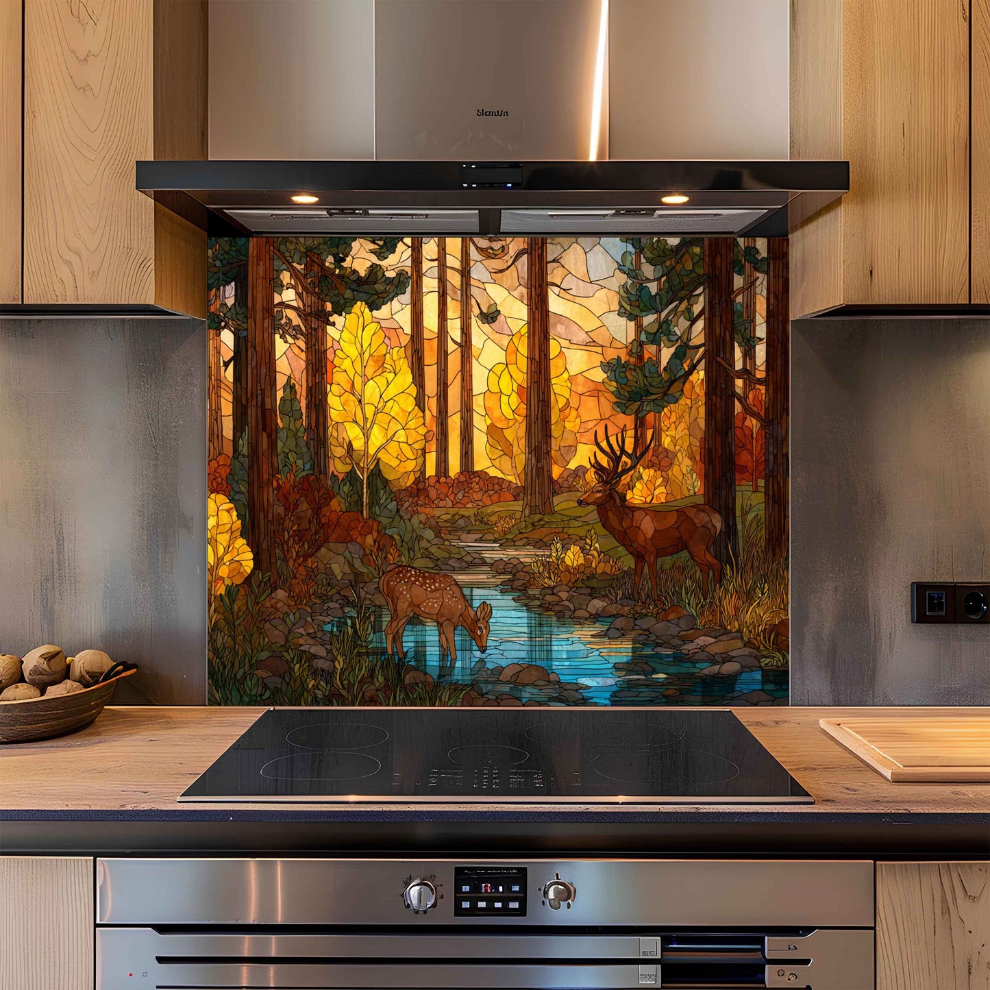 Tempered Glass Backsplash for Kitchen | Woodland Deer & Autumn Trees Stained Glass Look