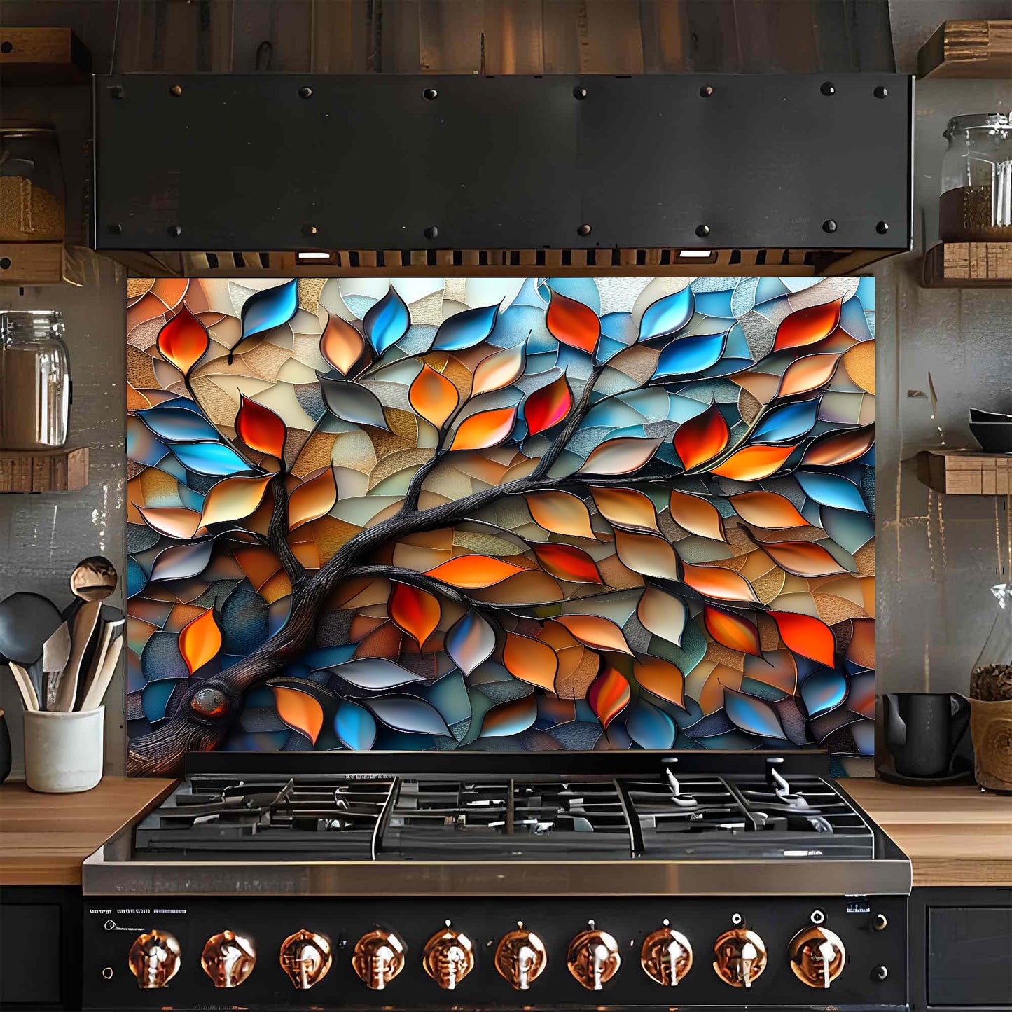 Glassleaf Harmony – Tempered Glass Backsplash for Kitchen Stove | Colorful Branch Backsplash
