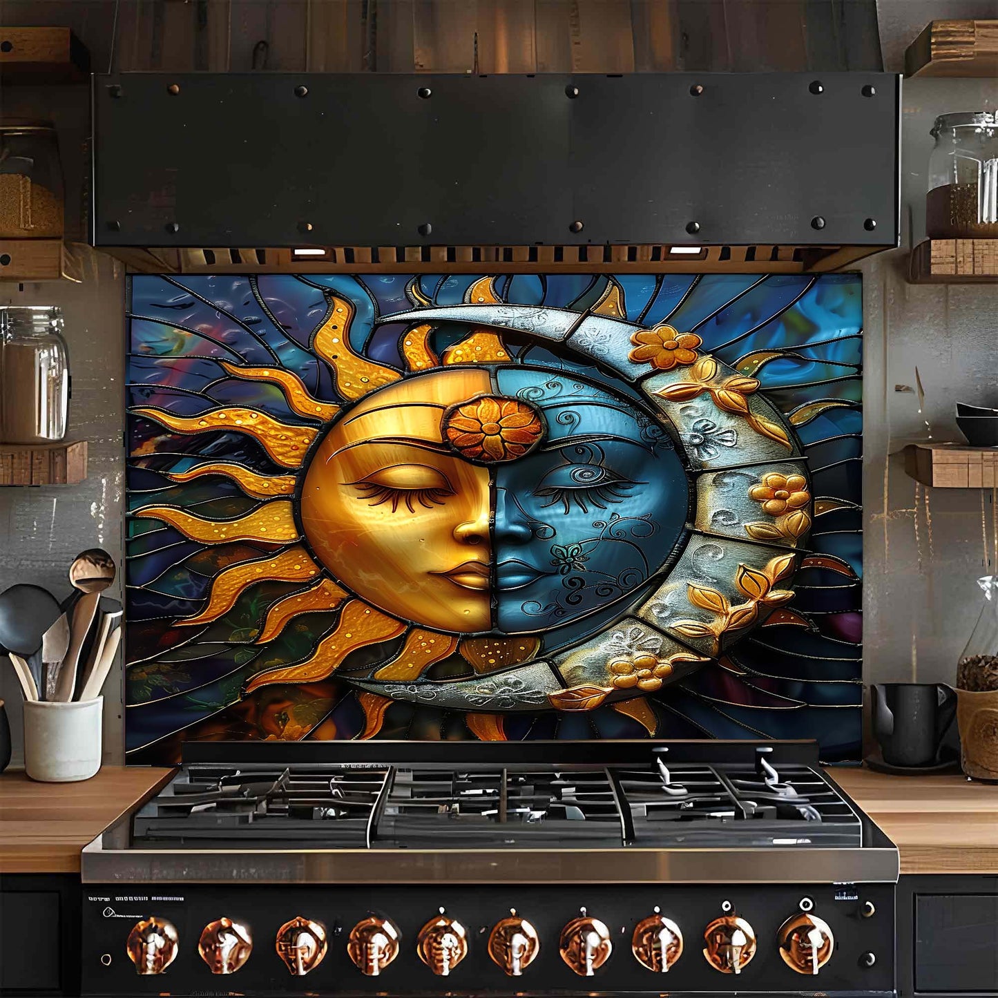 Celestial Harmony – Tempered Glass Backsplash for Kitchen Stove | Sun and Moon Backsplash