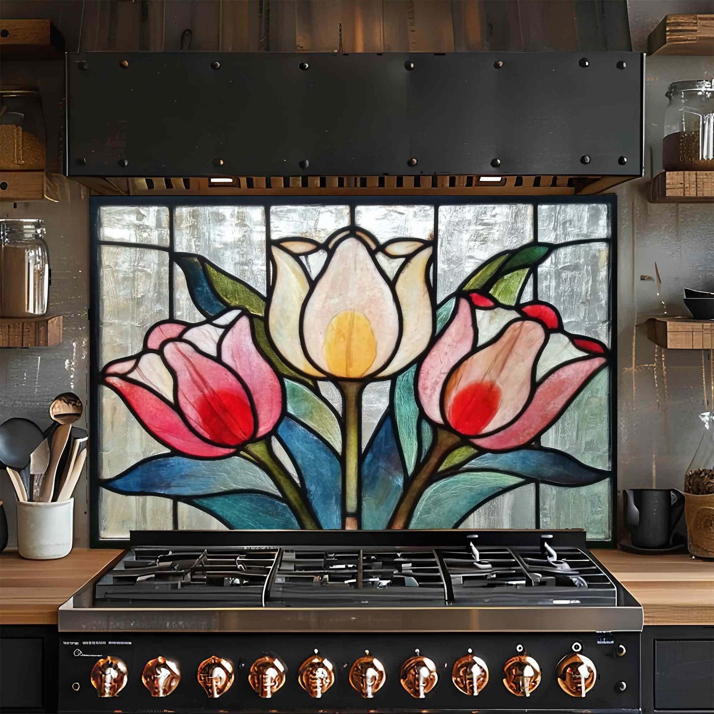 Tulip Trio – Tempered Glass Backsplash for Kitchen Stove | Stained Glass Look Tulip Backsplash