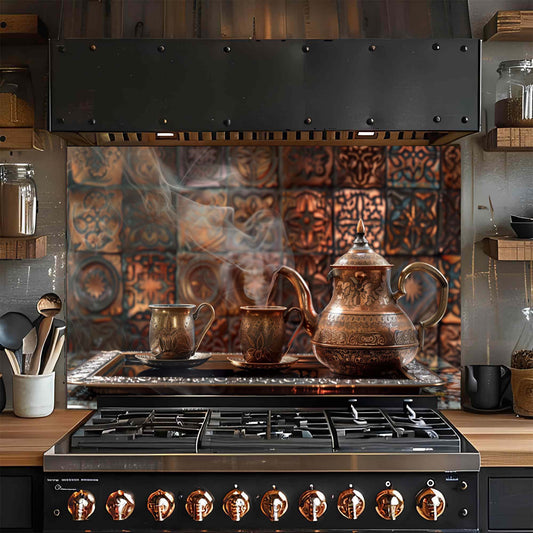 Copper Coffee Ritual – Tempered Glass Backsplash | Turkish Coffee Set Kitchen Backsplash