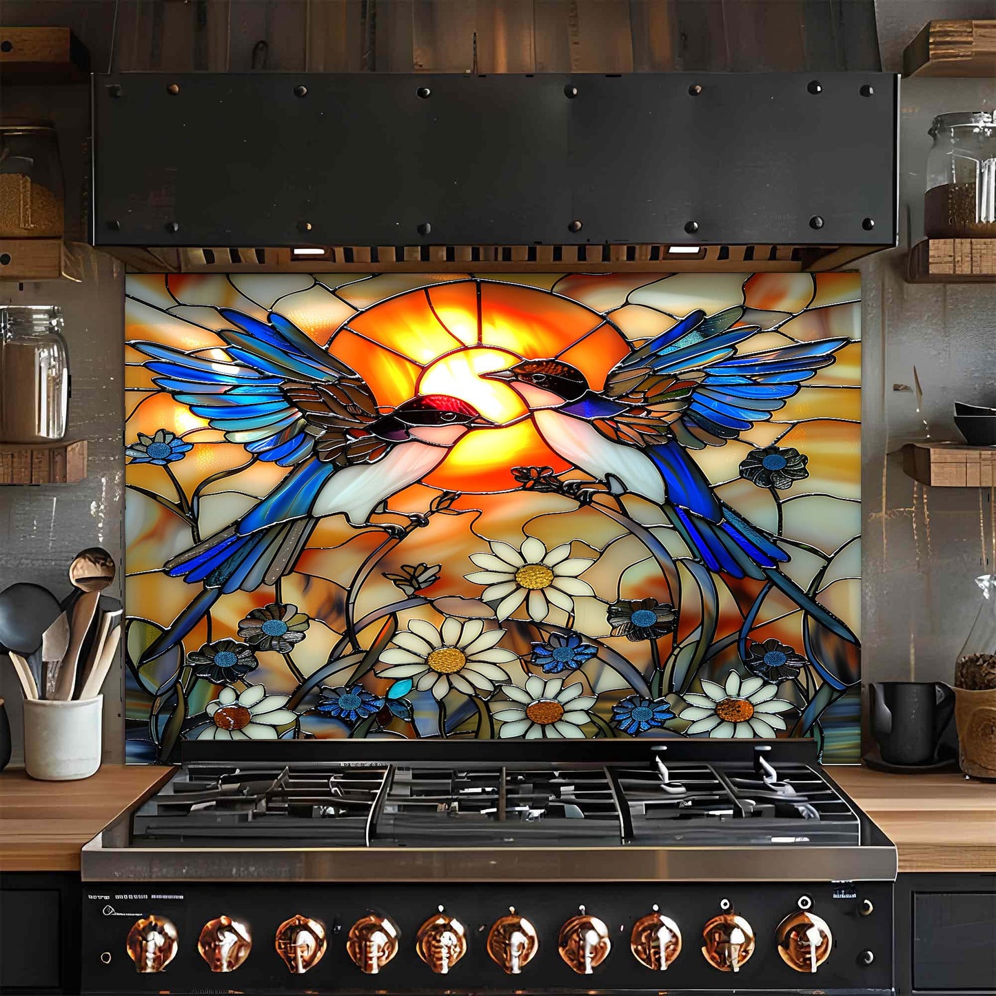 Sunset Song – Tempered Glass Backsplash for Kitchen Stove | Stained Glass Birds Backsplash