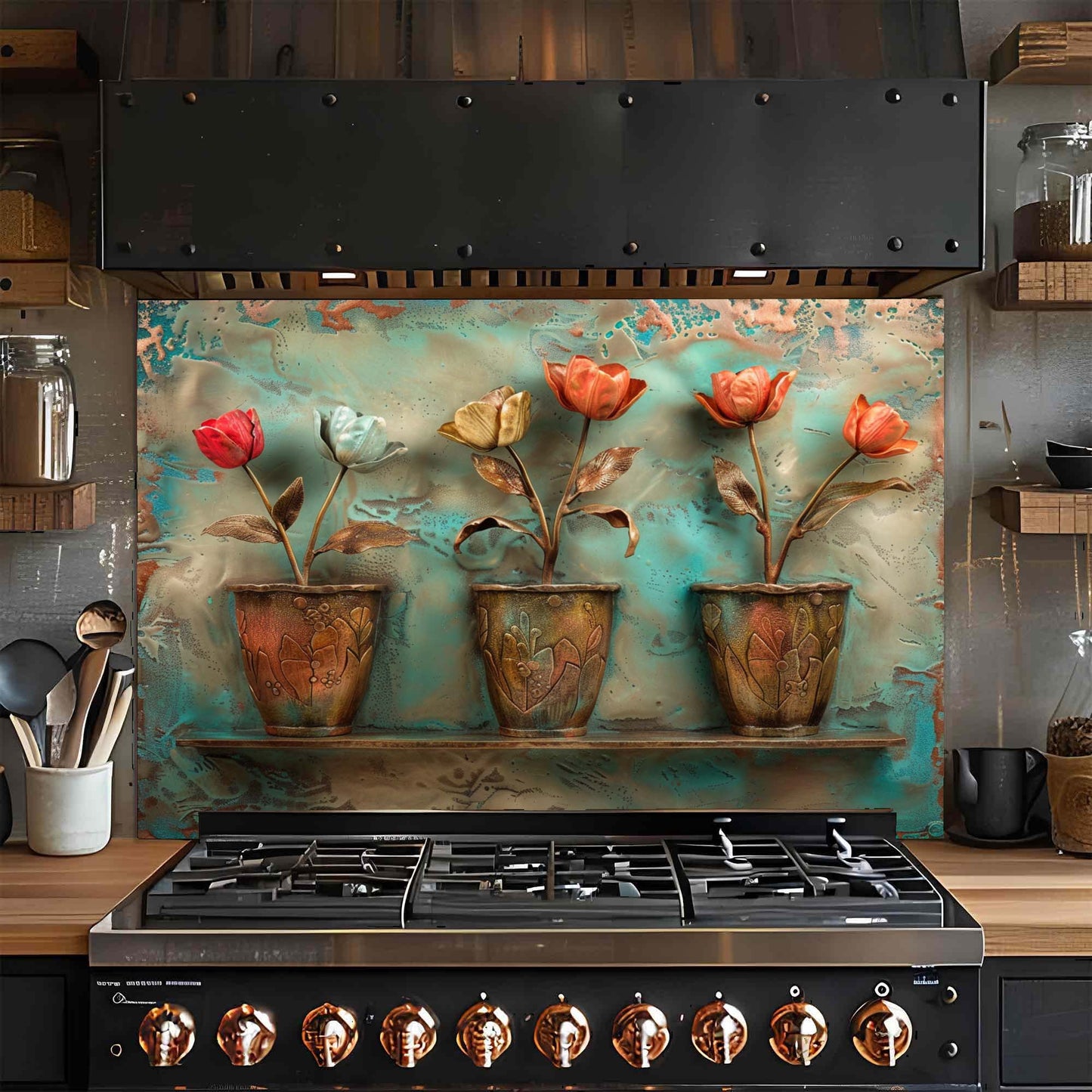 Tulip Pots – Tempered Glass Backsplash for Kitchen Stove | Copper Look Floral Backsplash