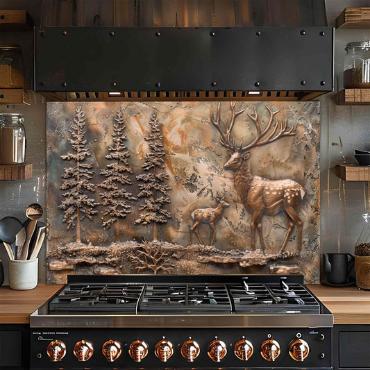 Bronze Elk Scene – Tempered Glass Backsplash for Kitchen | Forest Deer Stove Backsplash