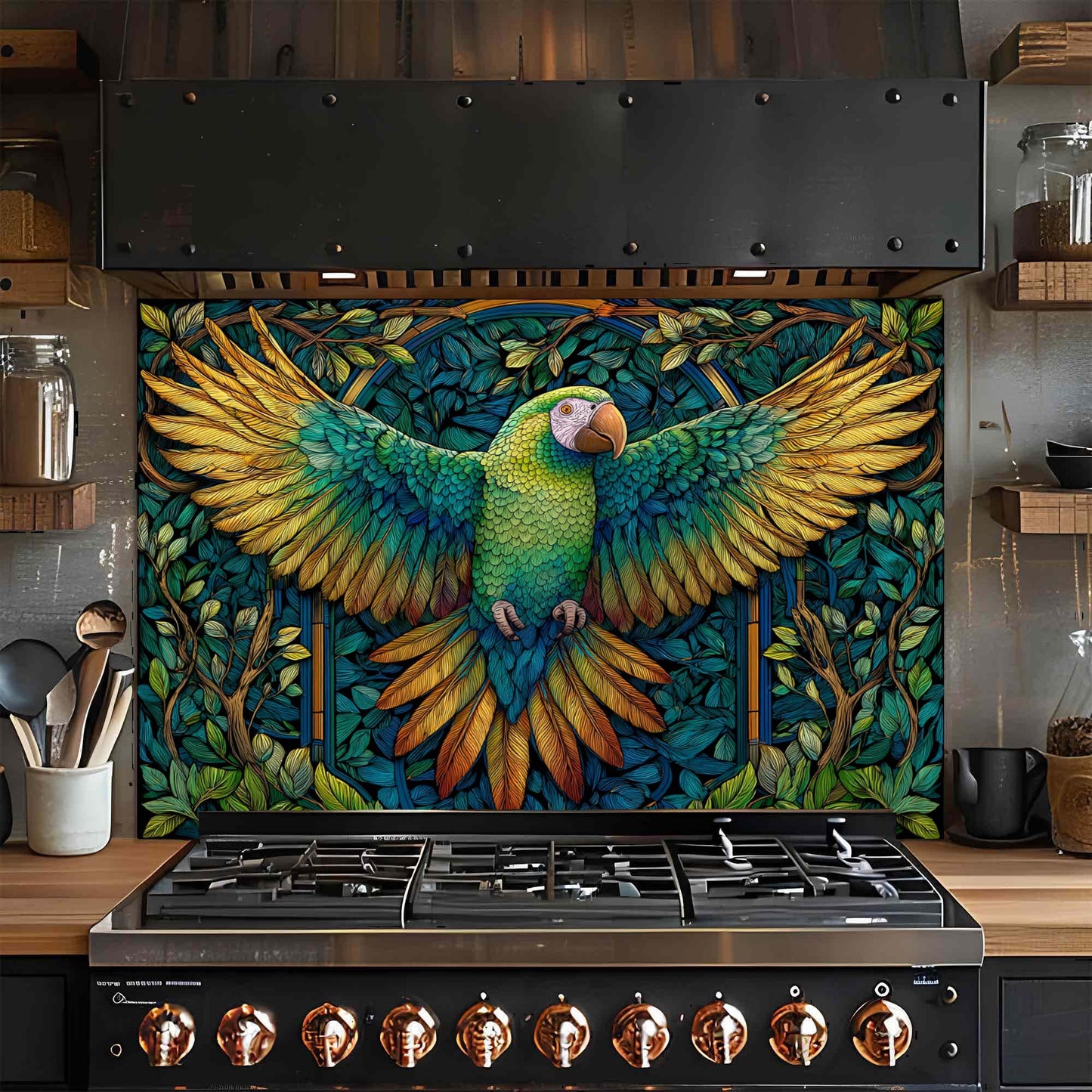 Verdant Flight – Tempered Glass Backsplash for Kitchen Stove | Parrot Mosaic Backsplash