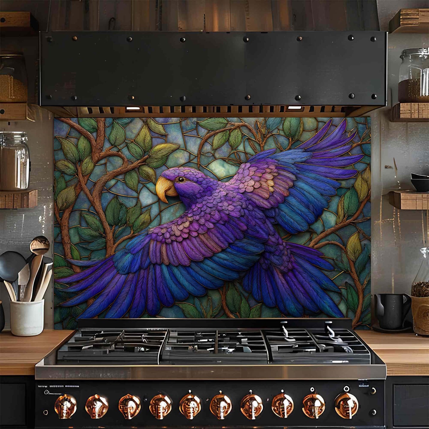 Azure Harmony – Tempered Glass Backsplash for Kitchen Stove | Purple Blue Bird Backsplash