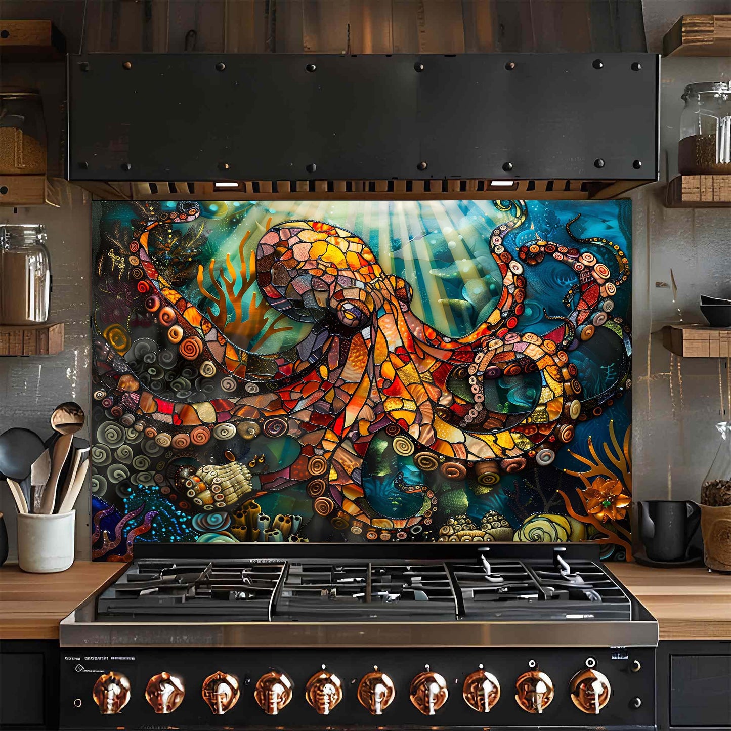 Octopus Odyssey – Tempered Glass Backsplash for Kitchen – Stained Glass Look Splashback