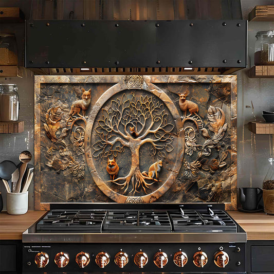 Fox Wisdom Tree – Tempered Glass Backsplash | Tree of Life with Forest Animals Backsplash
