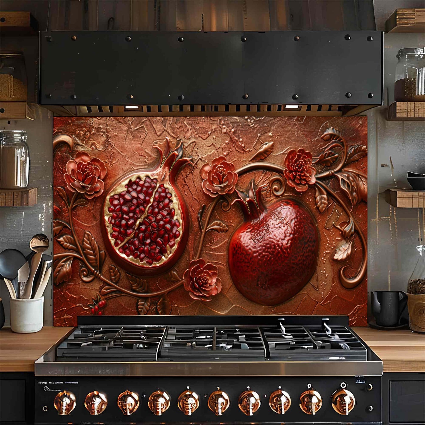 Crimson Bloom – Tempered Glass Backsplash | Rich Red Pomegranate Kitchen Backsplash