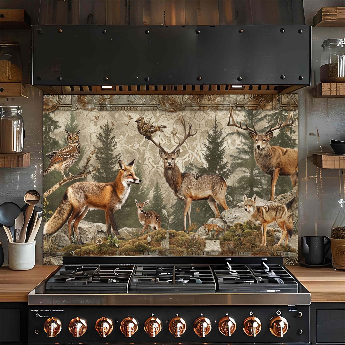 Forest Council – Tempered Glass Backsplash for Kitchen | Deer, Fox, Owl Scene Backsplash