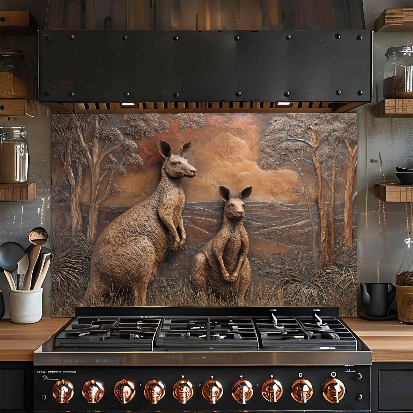 Copper Kangaroos – Tempered Glass Backsplash for Kitchen Stove | Wildlife Backsplash