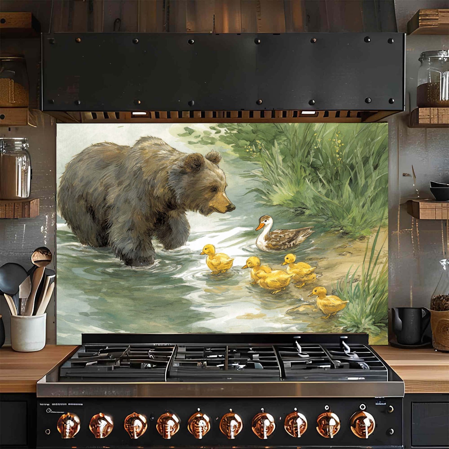 Duckling Stroll – Tempered Glass Backsplash for Kitchen Stove | Bear and Duck Backsplash