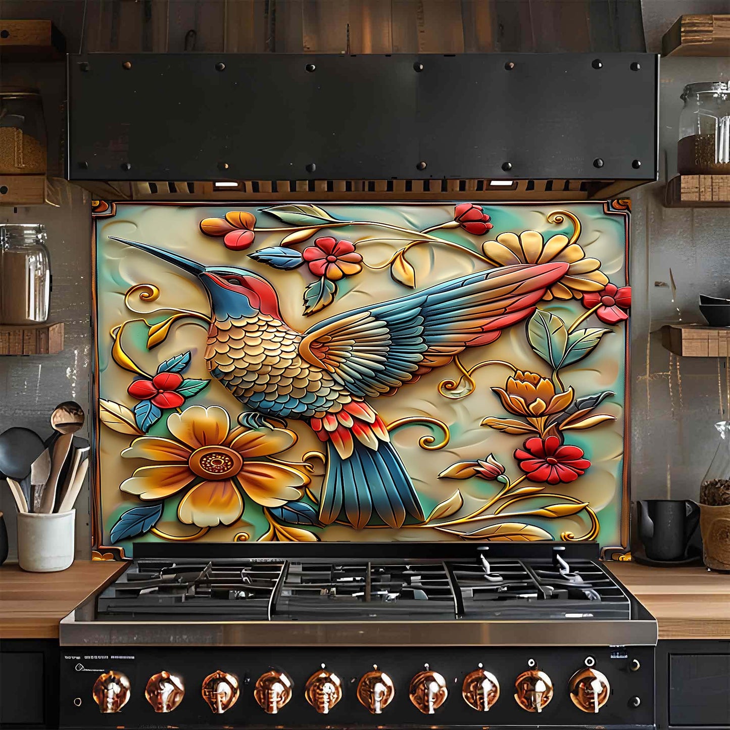 Birdsong Bloom Tempered Glass Backsplash – Colorful Floral & Bird Kitchen Backsplash