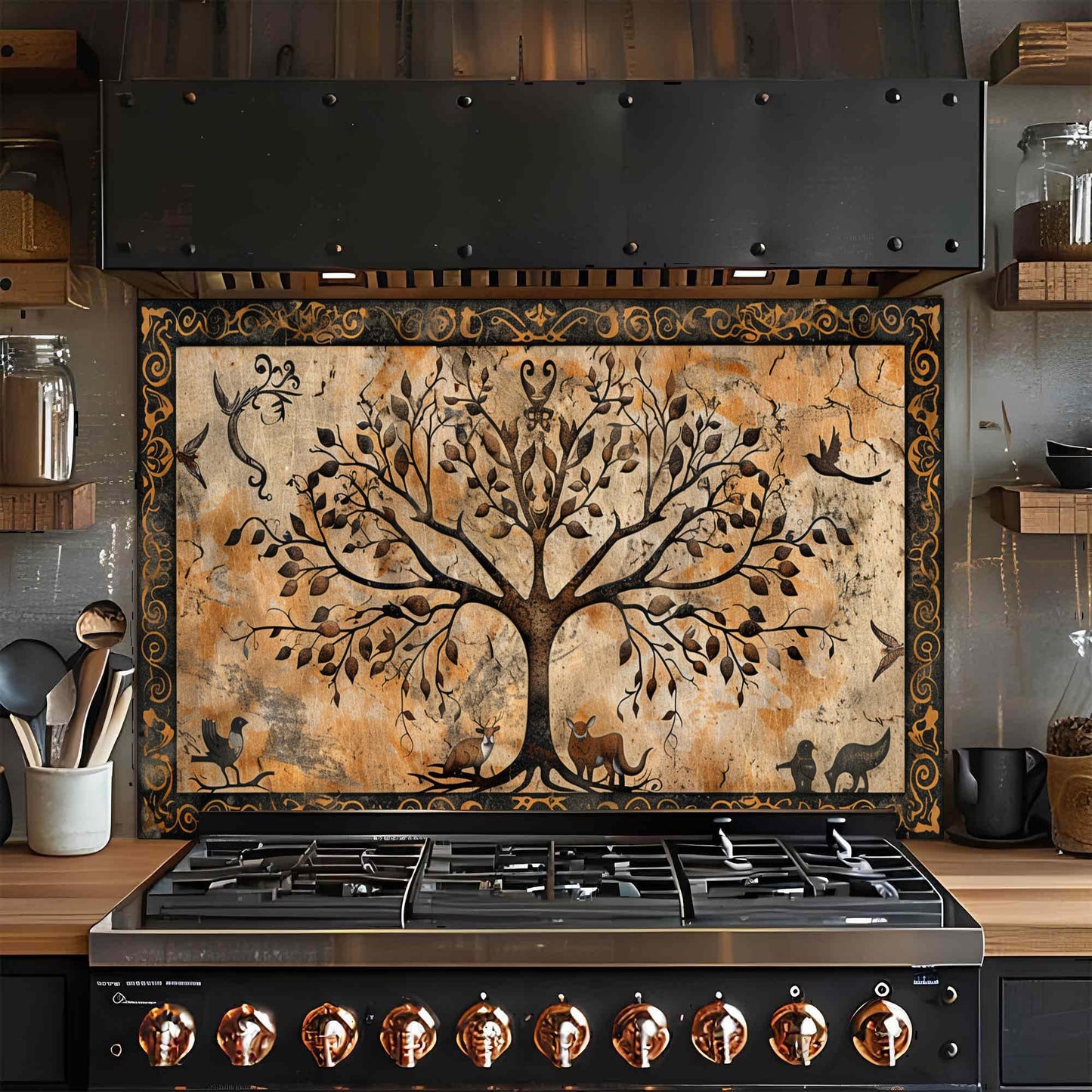 Golden Paws – Tempered Glass Backsplash for Kitchen | Tree of Life with Animals Backsplash