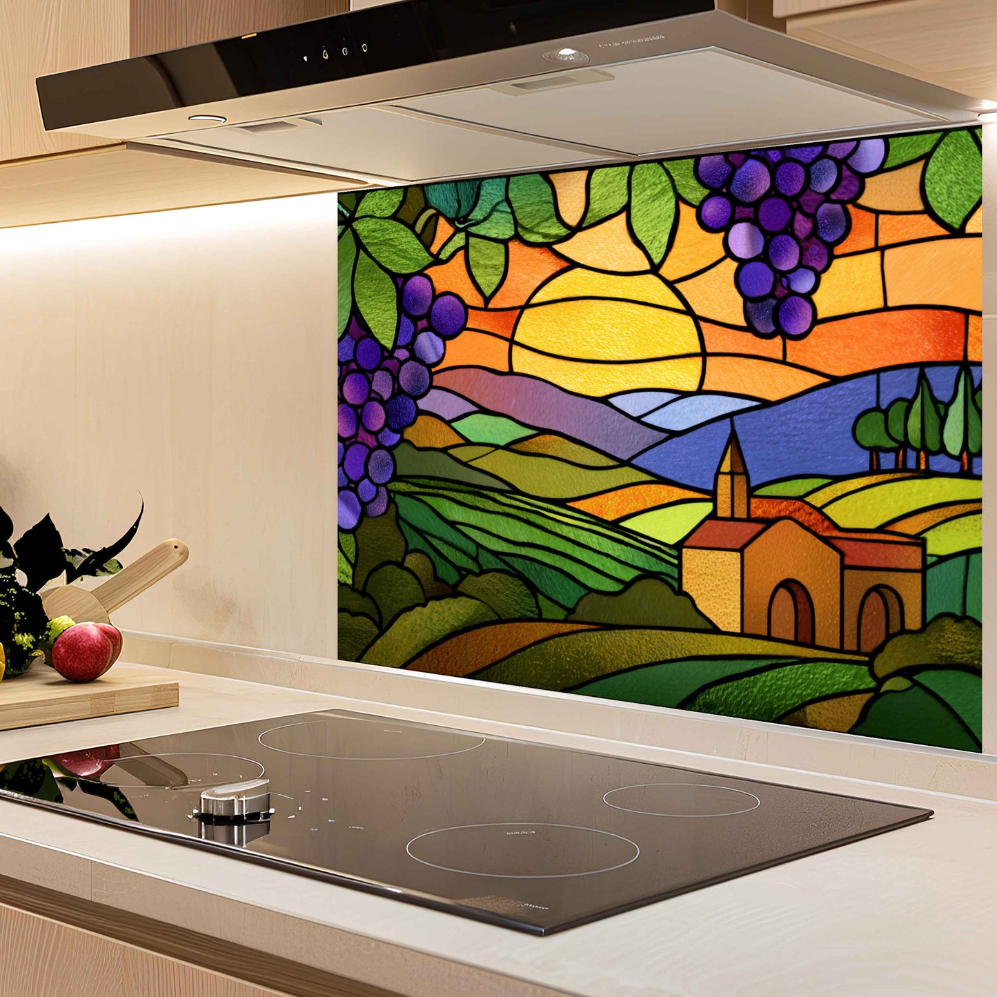 Tempered Glass Backsplash for Kitchen | Stained Glass Grape Vineyard Sunset