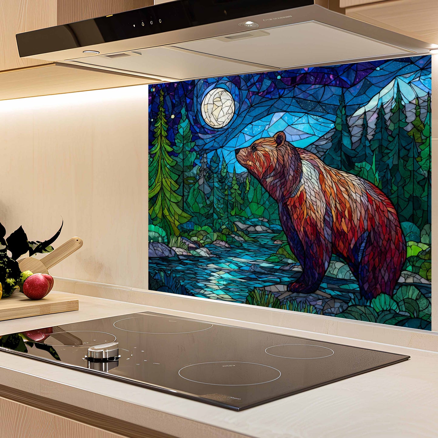 Moonlit Strength Kitchen Backsplash – Mosaic Stained Glass Look Bear Night Scene