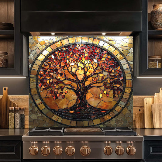Amber Radiance – Tempered Glass Backsplash for Stove | Tree of Life Mosaic Style Backsplash