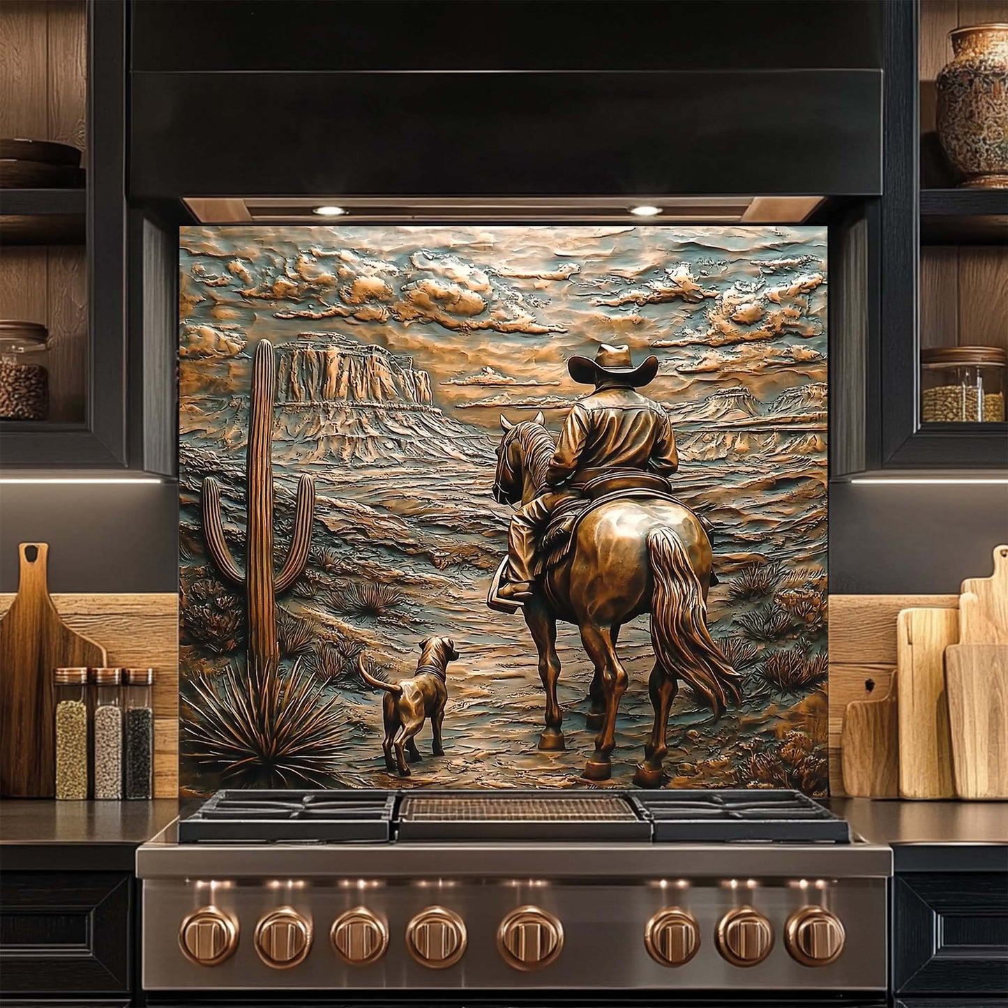 Desert Gaze – Tempered Glass Backsplash with Cowboy, Dog, and Canyon View