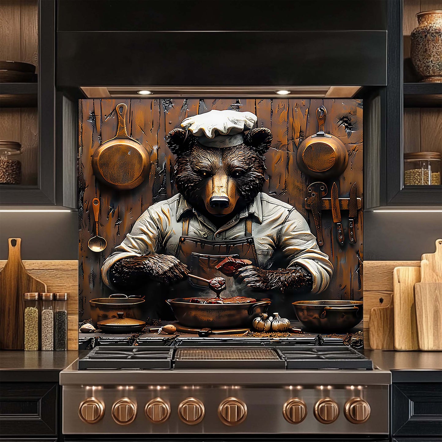 Chef Bear – Tempered Glass Backsplash for Kitchen Stove | Rustic Cooking Animal Backsplash