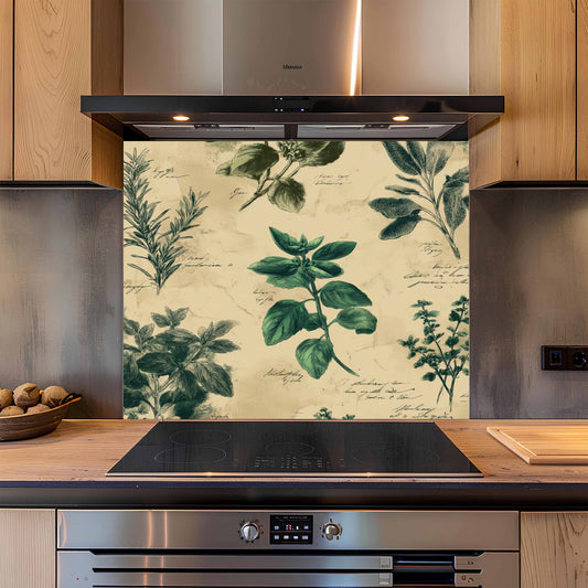 Vintage Herb Tempered Glass Backsplash – Botanical Kitchen Backsplash for Stove