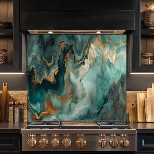 Glass Kitchen Backsplash – Emerald Marble Gold Fluid Art Panel