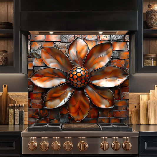 Copper Bloom – Tempered Glass Backsplash for Kitchen | Copper Look Flower Backsplash